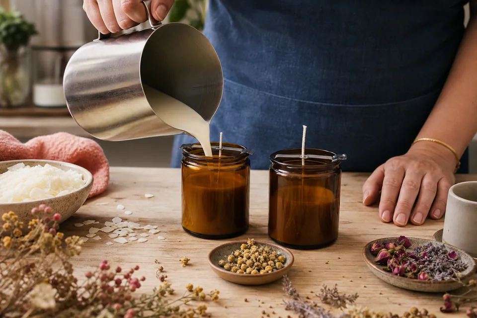 Learner pouring soy wax into amber candle jars at a craft table