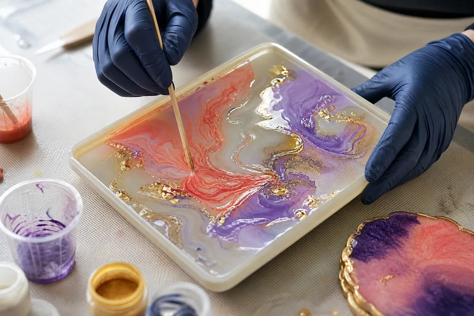 Gloved hands marbling coral and lavender pigments through resin