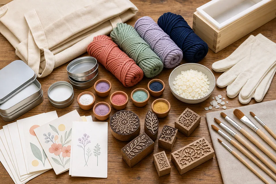 Craft starter bundle with cords, brushes, pigments, printing blocks and wax